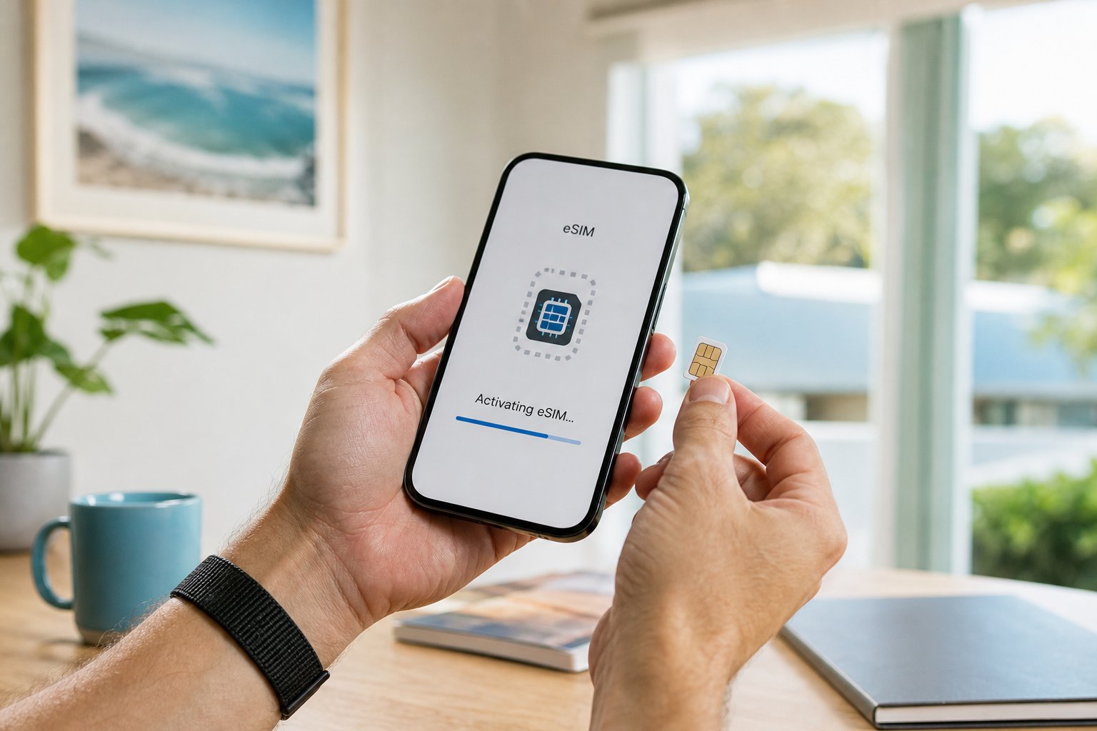 A person activating an eSIM on a smartphone while holding a physical SIM card