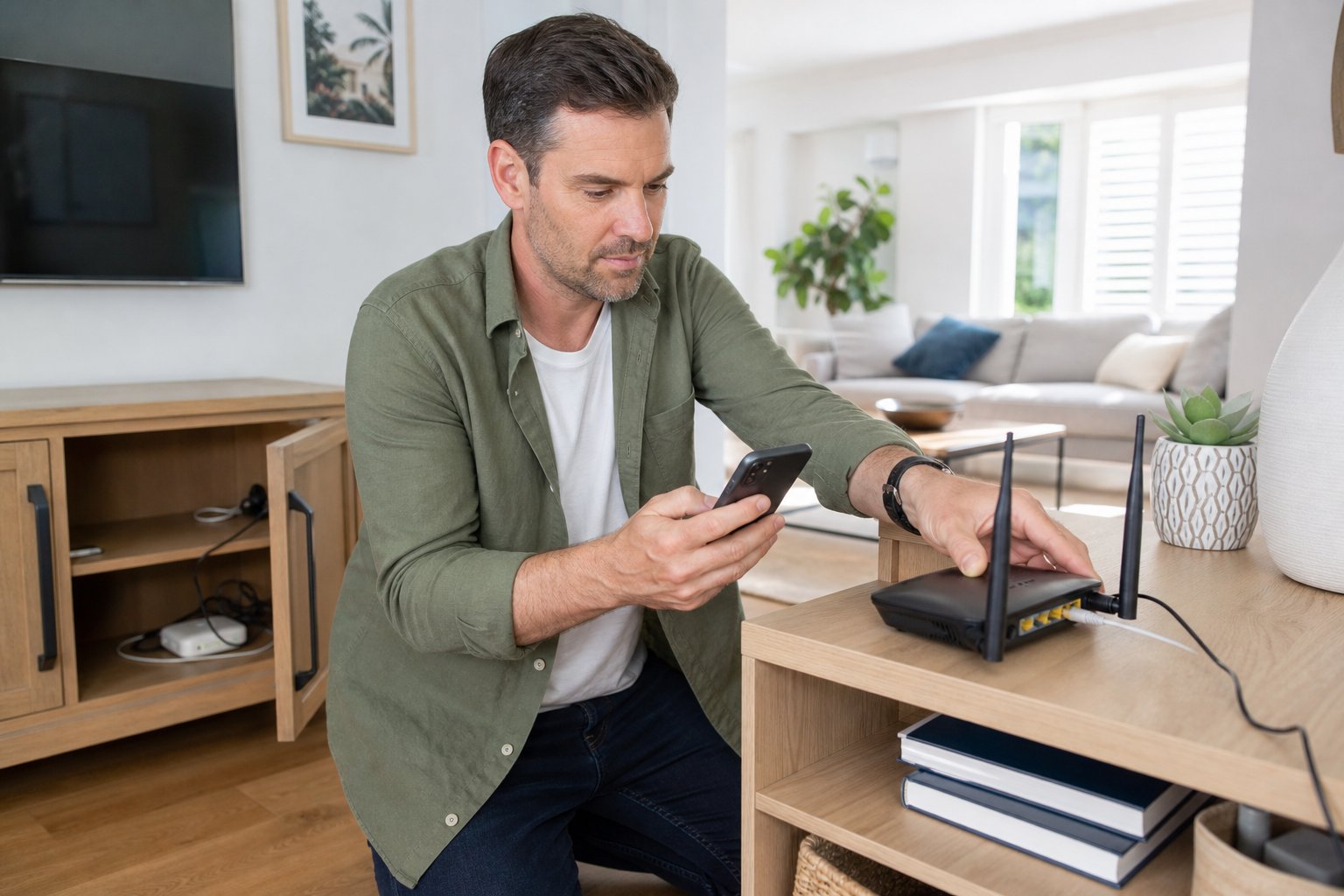 A person moving a Wi-Fi router into an open position while checking signal on a phone