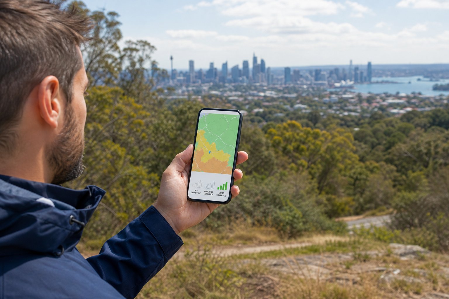A person checking a mobile coverage map from a lookout above an Australian city