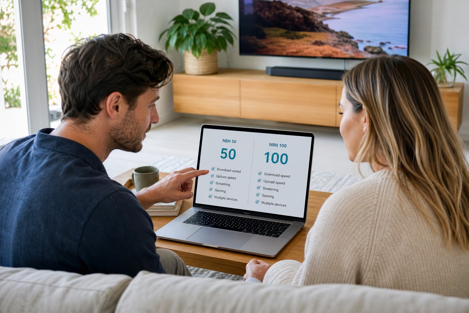 A household comparing NBN 50 and NBN 100 internet options on a laptop