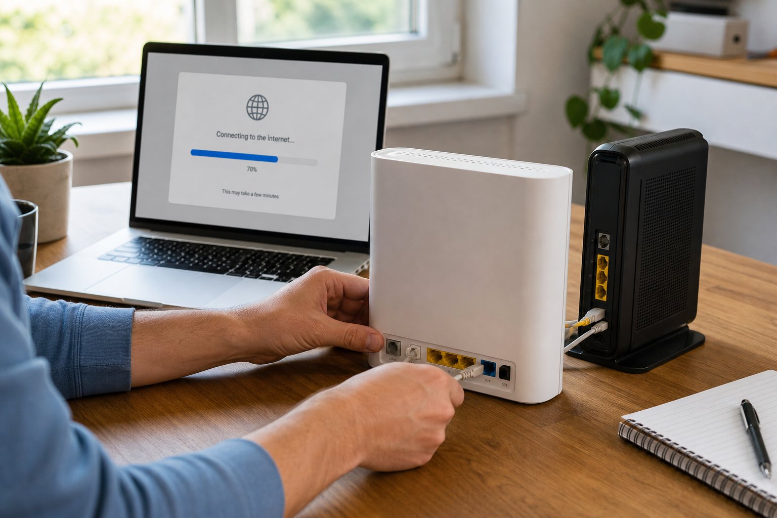 A person connecting a new Wi-Fi router while switching home internet providers